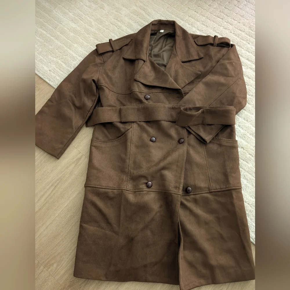 Faux Suede Oversize Brown Trench Coat Innovare Denim - Picture 2 of 5